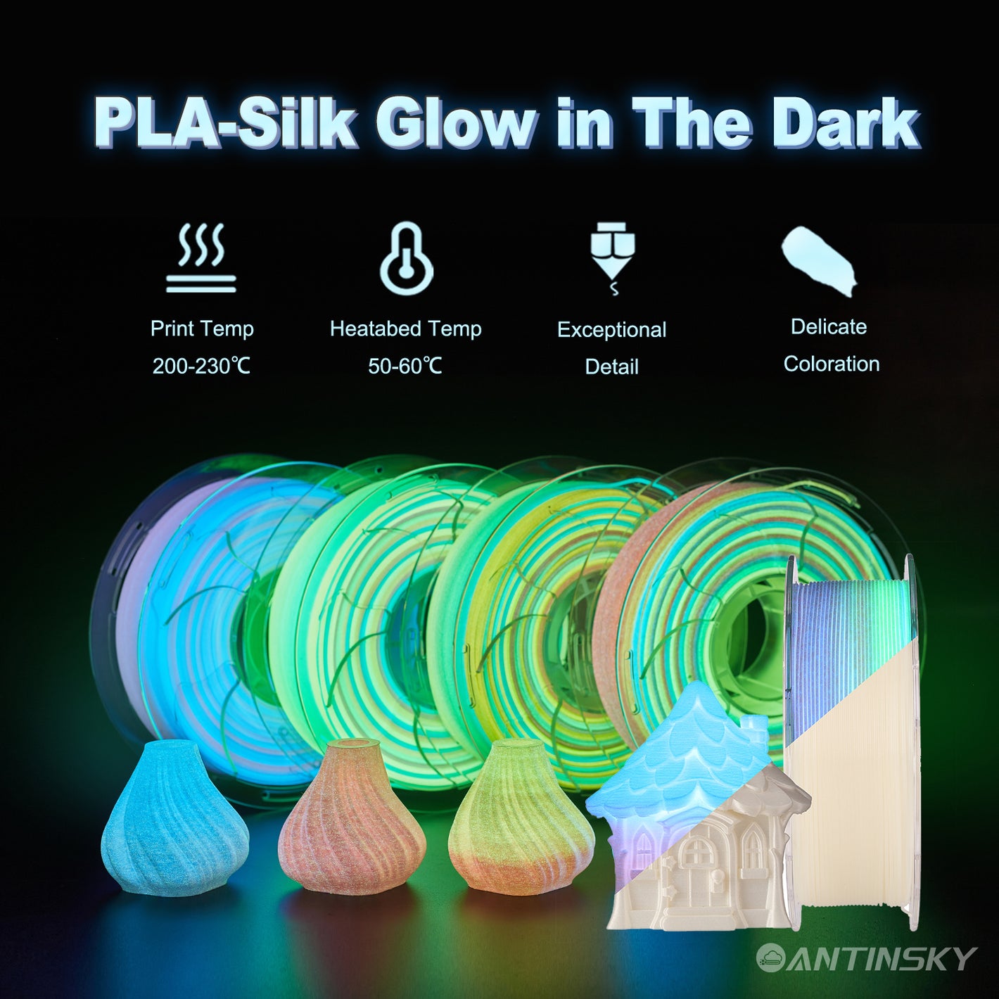 ANTINSKY PLA SILK Glow In Dark Filament 1.75mm 1kg